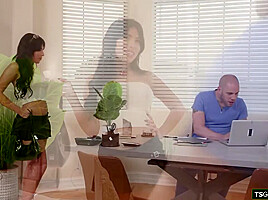 Busty latin trans Avery Lust enjoys her tits and ass massage